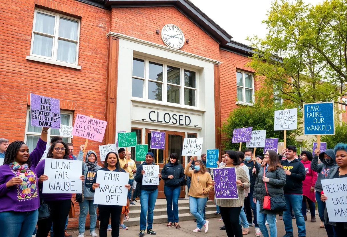 Community members advocating for better wages outside school.