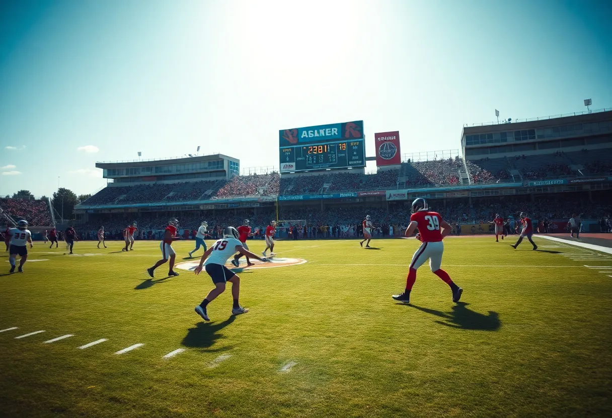 Overview of a football game in progress on a sunny day
