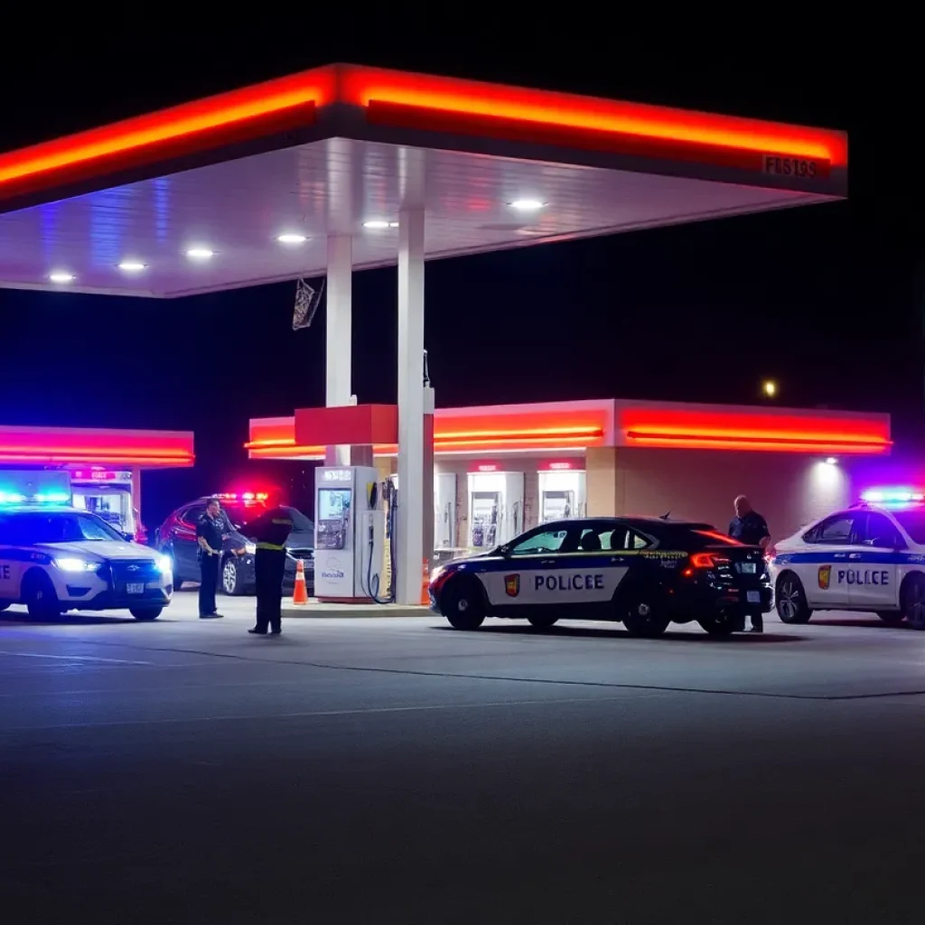 Police and emergency vehicles at a gas station after a shooting incident.