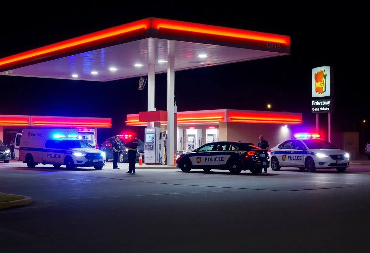 Police and emergency vehicles at a gas station after a shooting incident.