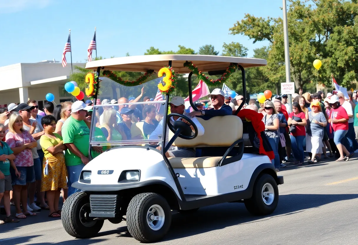Golf cart at a parade with crowds celebrating.