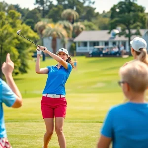 Women golfers competing at the Aramco Houston Championship.