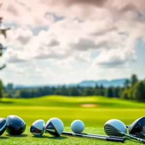 Various golf drivers displayed on a table at a golf tournament