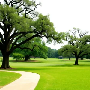 Scenic view of Hermann Park Golf Course with oak trees and walking trail