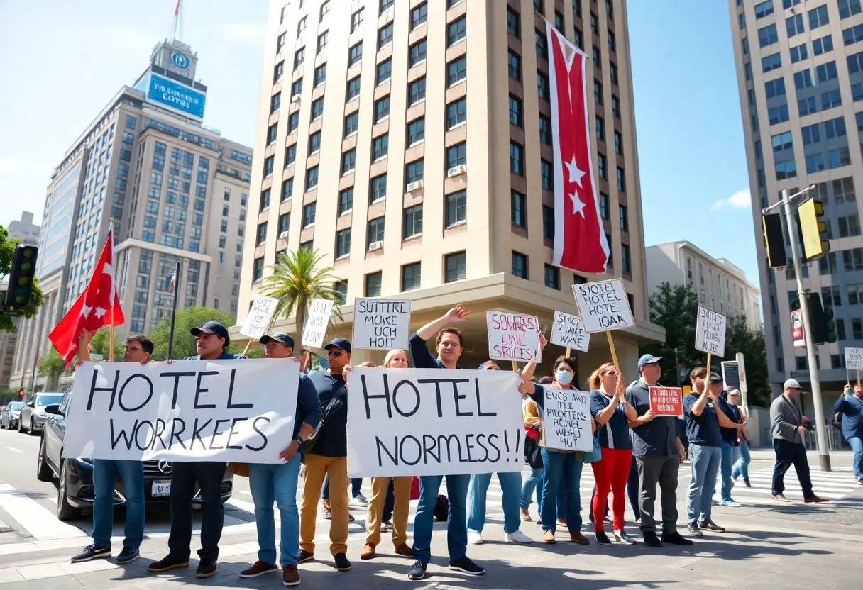 Striking hotel workers outside Hilton Americas-Houston