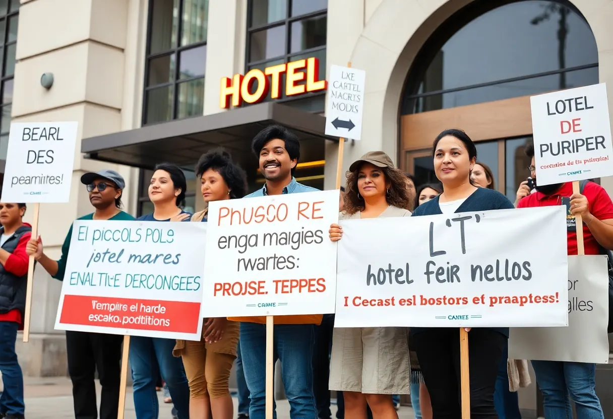 Hotel workers protesting outside Hilton Americas-Houston for fair wages