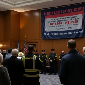 Houston City Hall commemorating 9/11 anniversary with community members present.