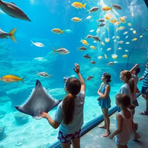 Visitors interacting with marine creatures at an aquarium in Houston