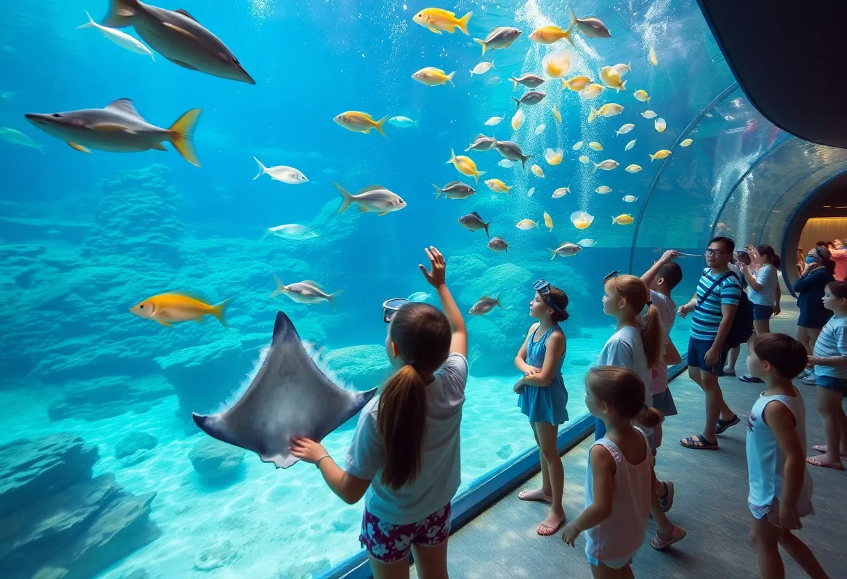 Visitors interacting with marine creatures at an aquarium in Houston