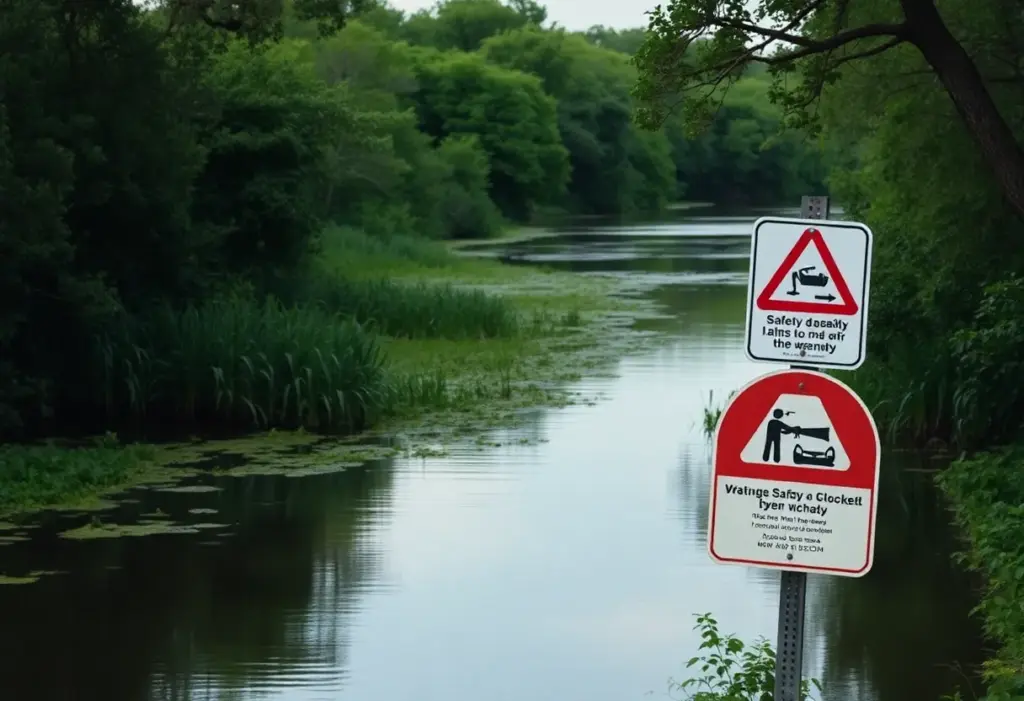 Serene bayou in Houston with warning signs
