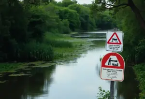 Serene bayou in Houston with warning signs