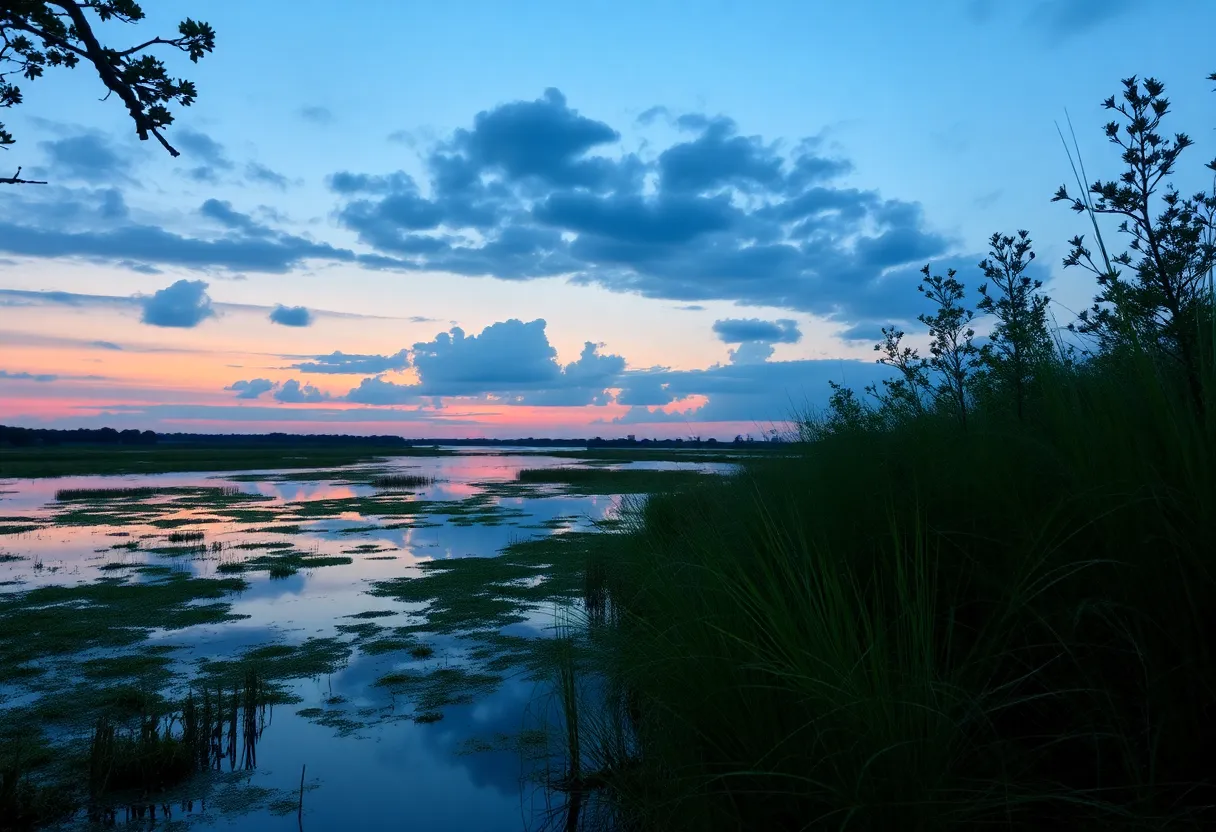 Serene view of a bayou in Houston during twilight