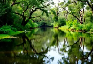 Tranquil view of a bayou in Houston, surrounded by trees and greenery.