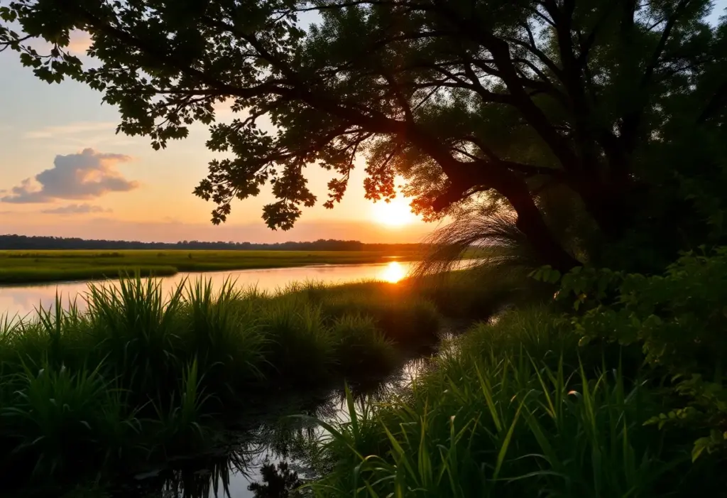 Tranquil view of a Houston bayou with lush greenery.