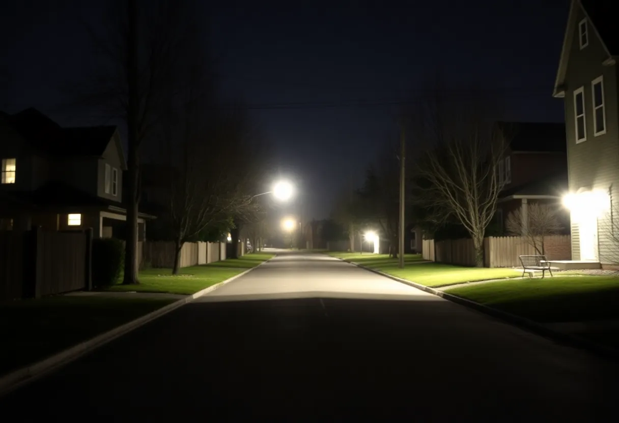 A quiet Houston neighborhood scene at night