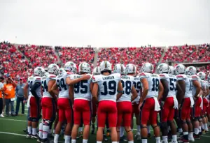 Houston Cougars players strategizing on the field