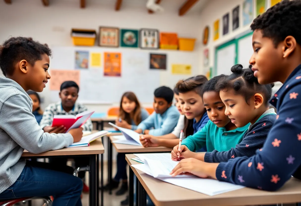 Diverse students in a classroom setting engaged in learning activities.