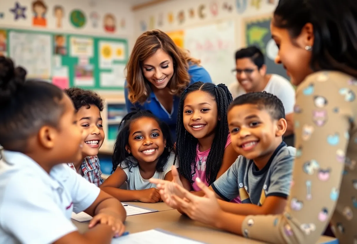 Diverse group of elementary students working together in a classroom in Houston, TX.