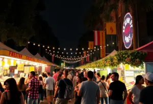 People enjoying festivals in Houston with food stands and live music.