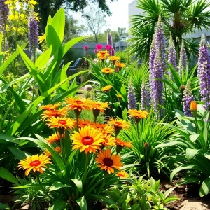 A lush and vibrant garden featuring native plants suited for Houston's climate.