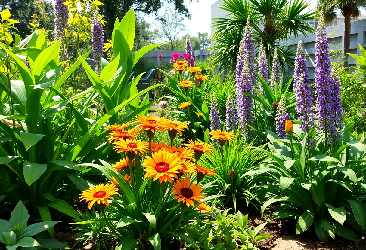 A lush and vibrant garden featuring native plants suited for Houston's climate.