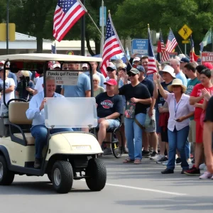 A golf cart driving through a parade with a large crowd.