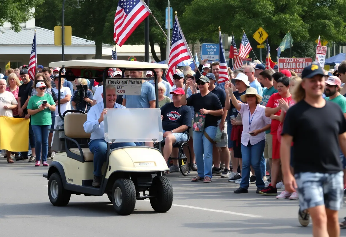 A golf cart driving through a parade with a large crowd.