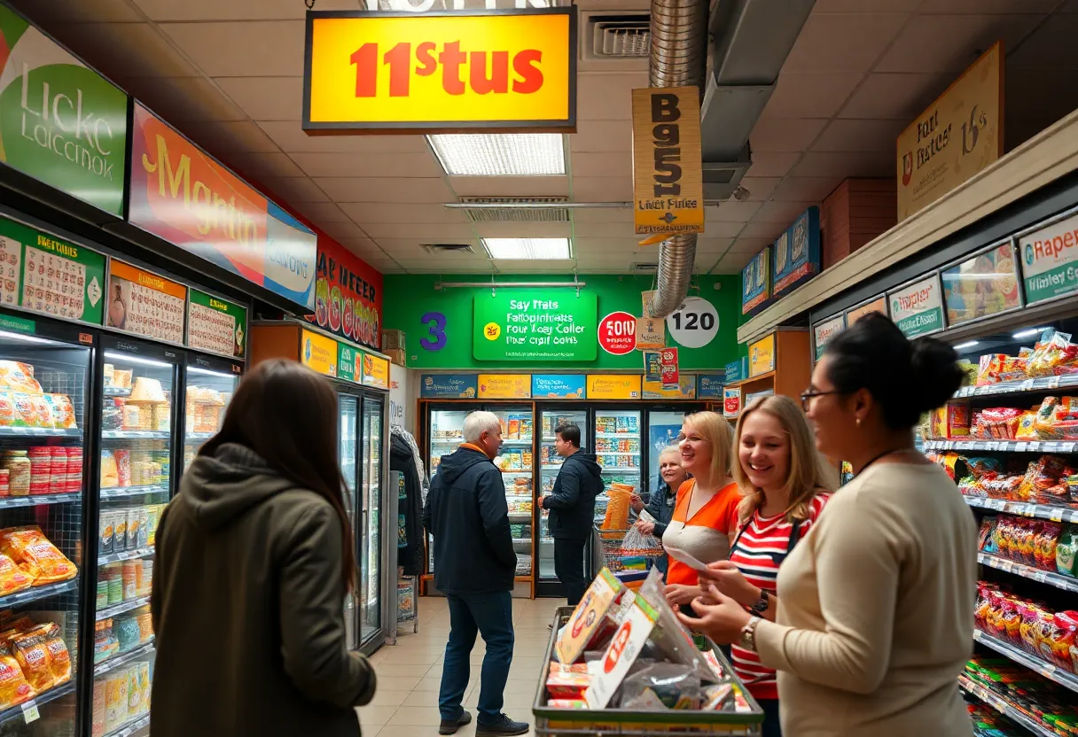 Grocery store in Houston with people buying lottery tickets and excitement in the air