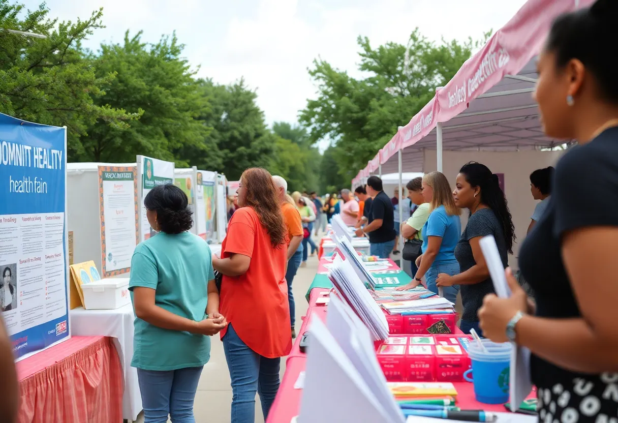 Community health fair in Houston with diverse attendees and informative booths