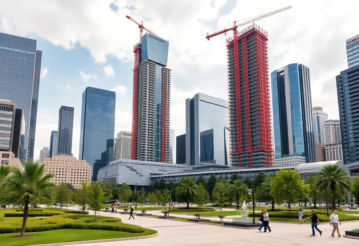 View of Houston's downtown with hotel constructions and pedestrians.