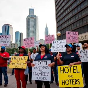 Picketing hotel workers in Houston for fair labor practices
