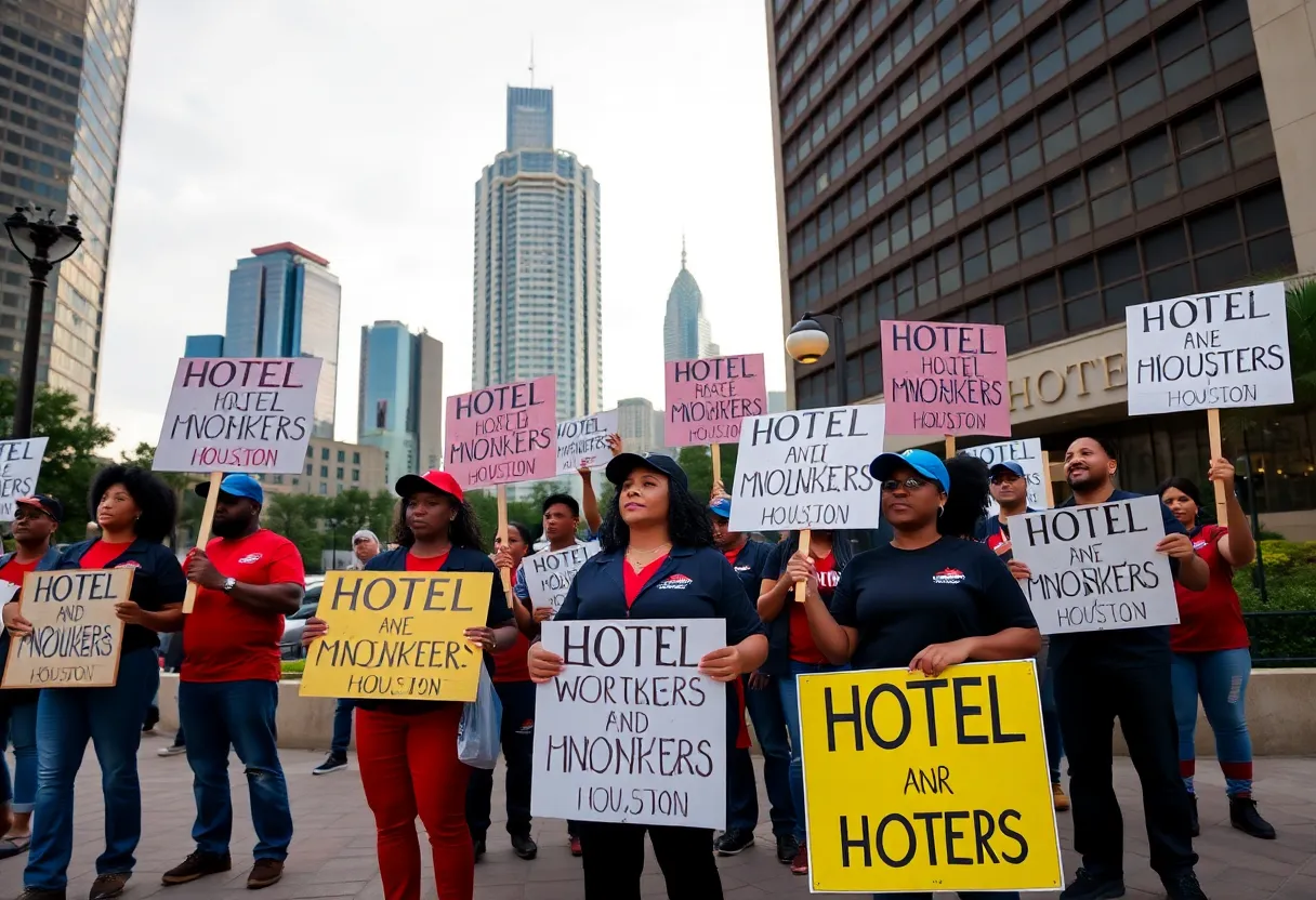 Picketing hotel workers in Houston for fair labor practices