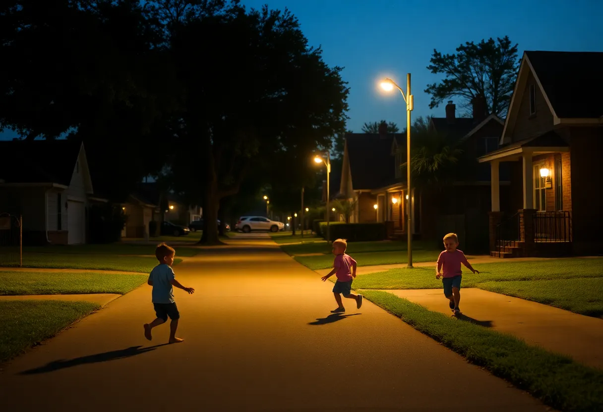 Houston neighborhood at night with streetlights