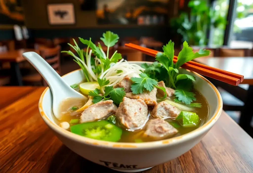 Bowl of pho with fresh herbs and beef in a restaurant