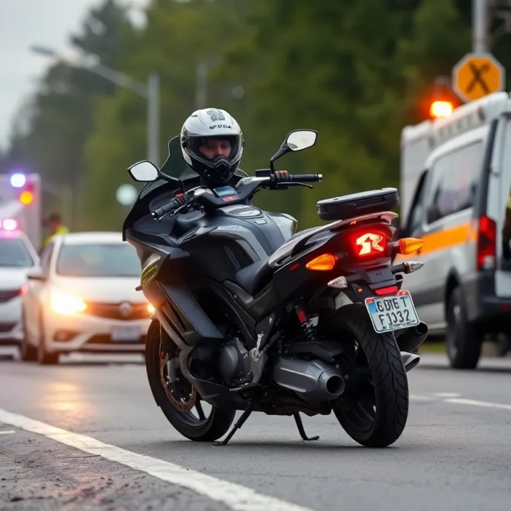 Scene of a police motorcycle involved in a traffic accident with emergency responders
