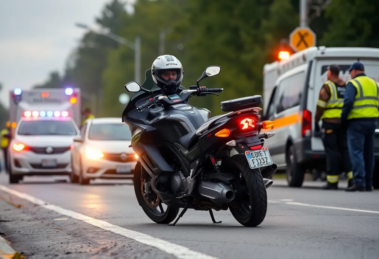 Scene of a police motorcycle involved in a traffic accident with emergency responders