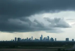 Dark clouds over Houston skyline signaling an incoming rainstorm