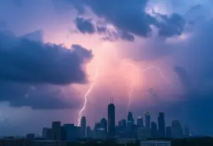 Thunderstorm over Houston skyline