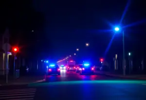 Police lights illuminate a street at night in Houston