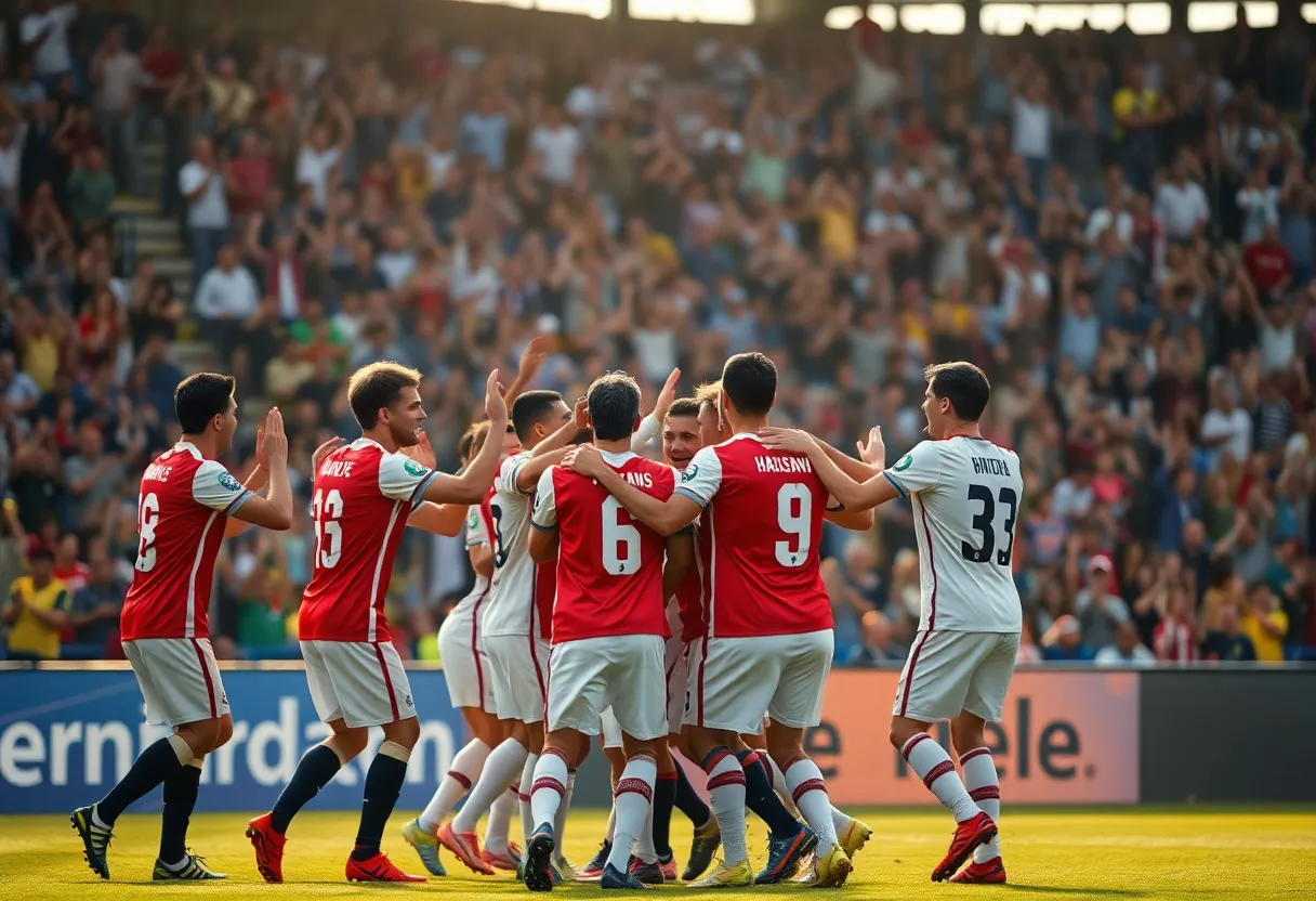 University of Houston soccer players celebrating during a match