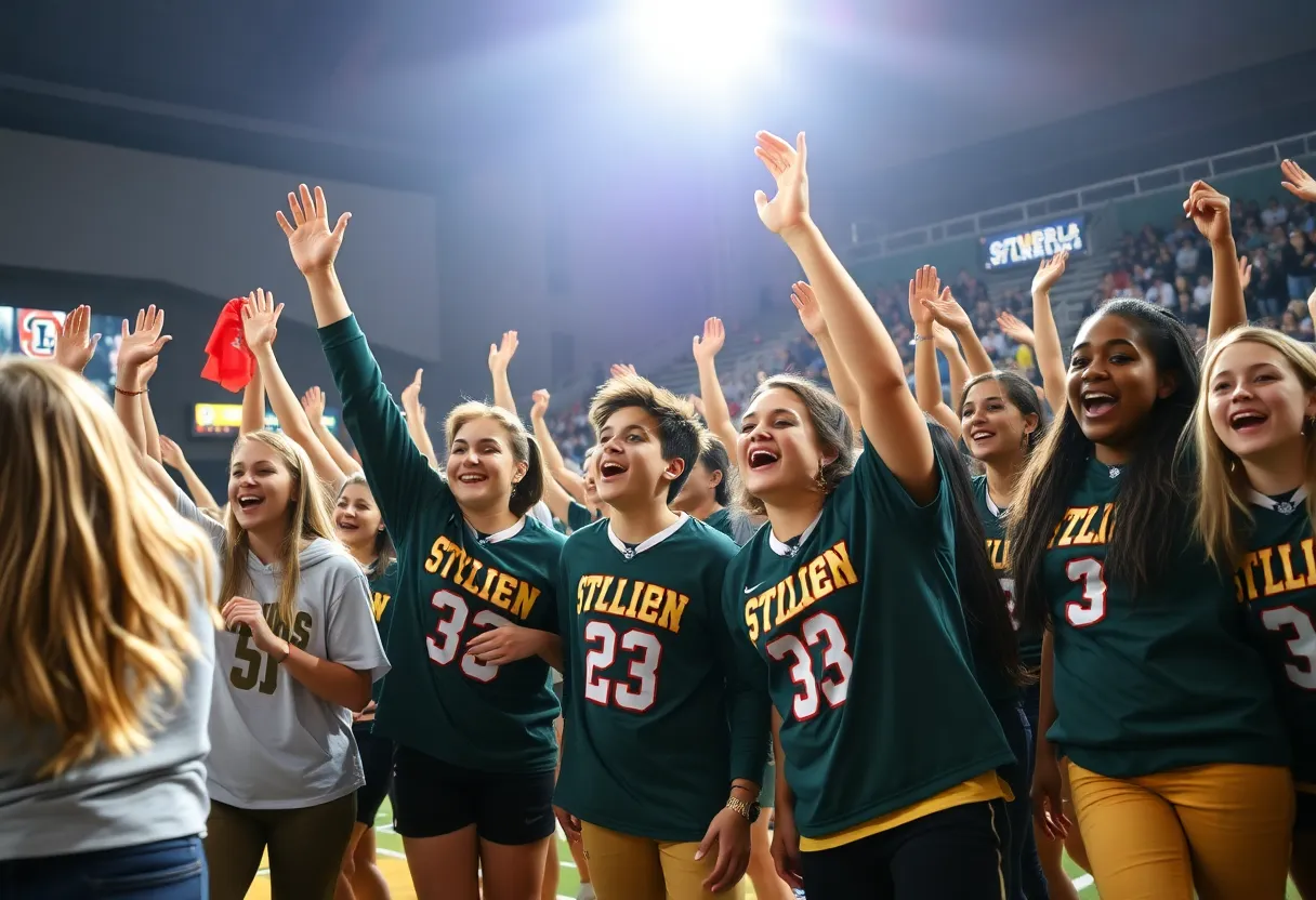 Student-athletes celebrating at a university athletic event.