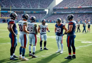 Houston Texans players discussing strategies on a football field