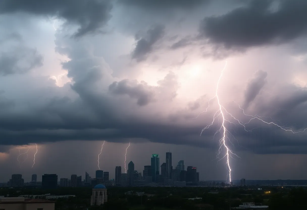 Dramatic thunderstorm clouds over Houston skyline