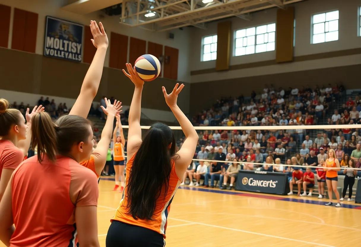 Houston volleyball team in game action celebrating a victory