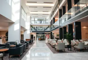 Bright and spacious lobby of Hyatt Regency Houston Galleria