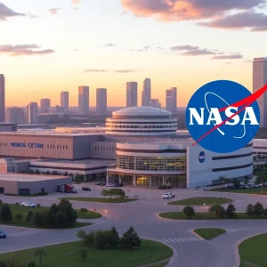 Illustration of Johnson Space Center with budget cut themes