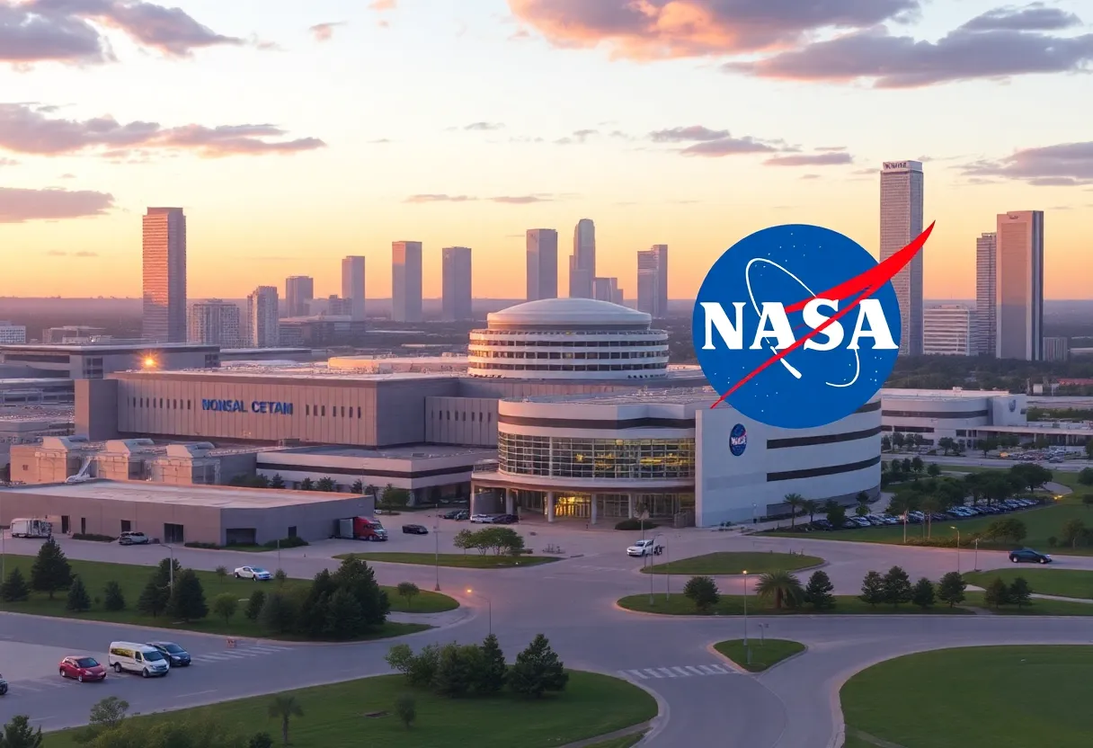 Illustration of Johnson Space Center with budget cut themes