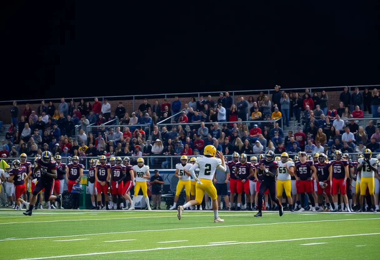 Players from Kingwood High School in a football game under stadium lights