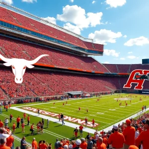 Texas Longhorns and Sam Houston Bearkats football teams competing in a game.