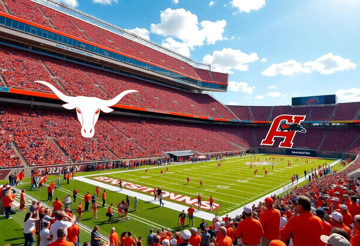 Texas Longhorns and Sam Houston Bearkats football teams competing in a game.
